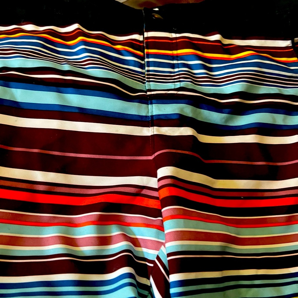 Penguin striped mens swim trunks .